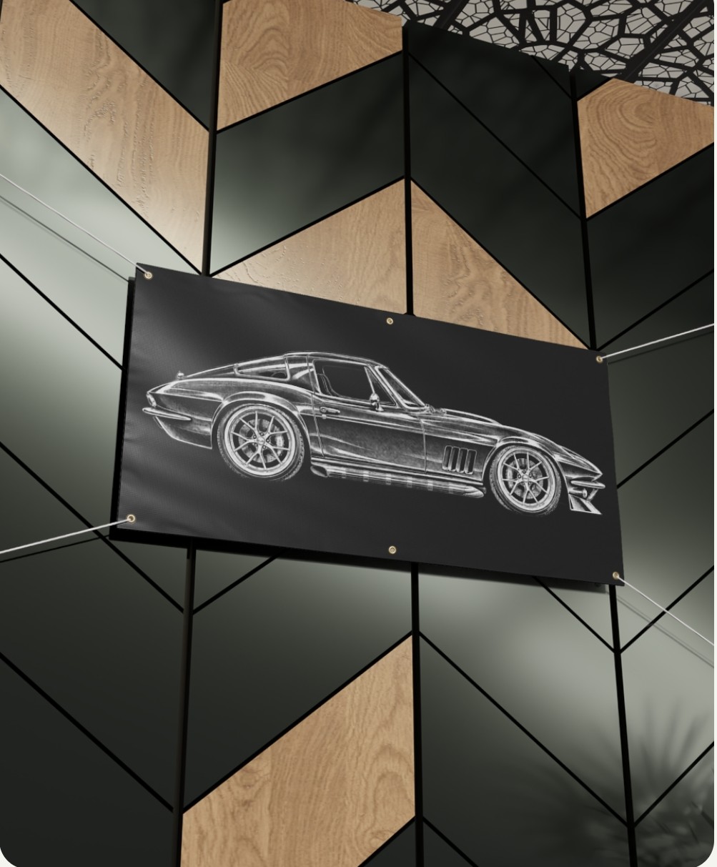 Shuler08 Corvette white line-art vinyl banner displayed indoors