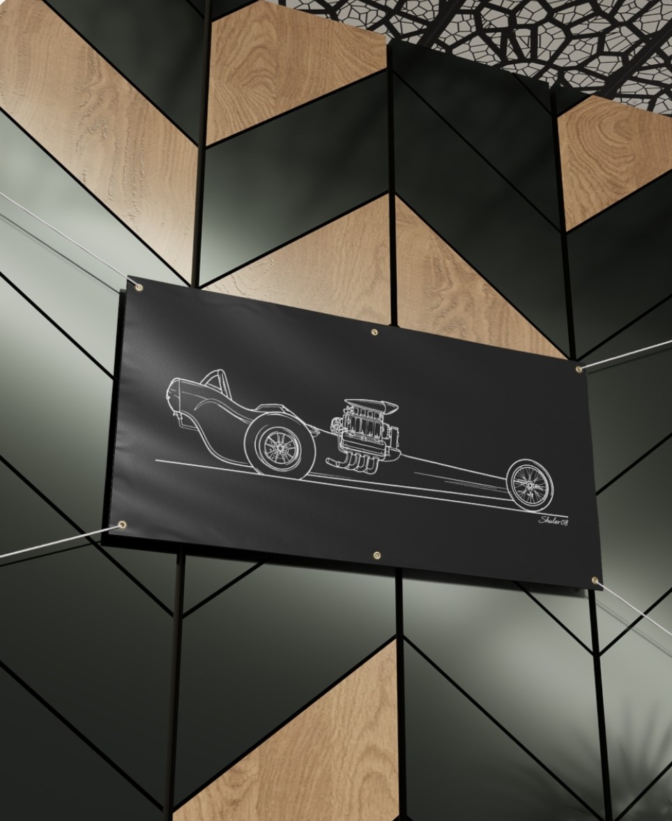 Front-Engine Dragster White Line Art Vinyl Banner indoor display example