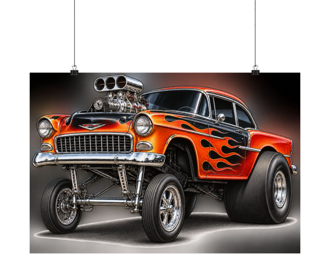 Flamed ’55 Chevy Gasser 18 by 12 inch Shuler08 poster preview